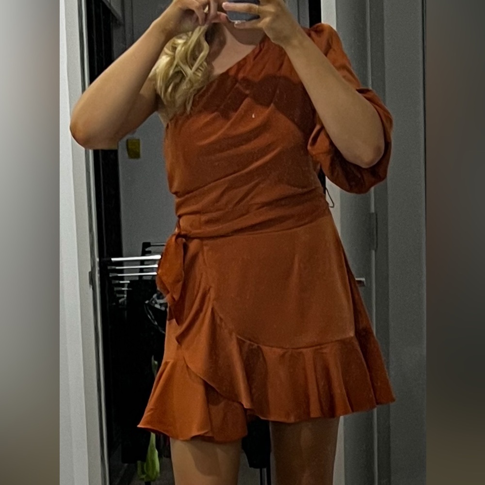 Tussah Elegant One-Shoulder Orange Dress - Picture 2 of 3